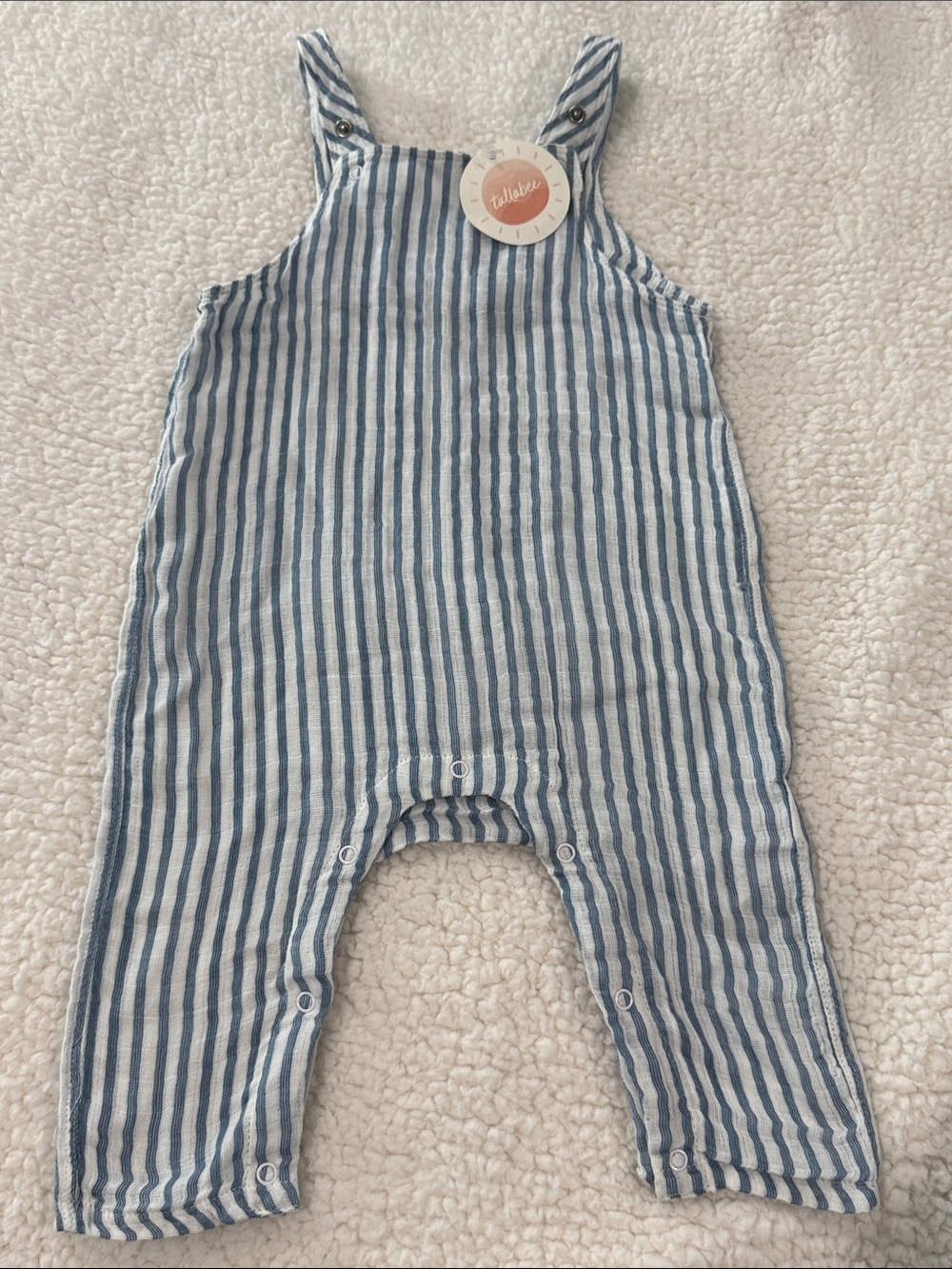 Tullabee Blue & White Striped Baby Overalls Romper. 6-12m